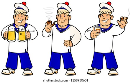 Cartoon young sailor. Seamans on the shore. A set of images.