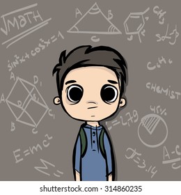 cartoon young school boy in classroom exam