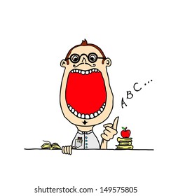 Cartoon of a young school teacher with a wide open mouth with blank space for text. 