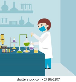 Cartoon of a young scientist working in laboratory with test tube and flask on sky blue background.