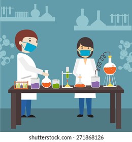 Cartoon of young scientists doing research in a laboratory on blue background.