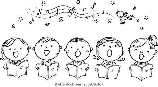 Cartoon young singers. Kids group performance. Set of isolated characters. Vocalists sing song. Choristers concert. Children choir singing. Black and white vector illustration