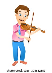 cartoon young smiling boy playing violin. vector illustration