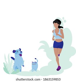 Cartoon young sport girl wearing sportswear is jogging. Strong Woman running outdoor with cute blue cat and dog on white background . Vector isolate flat design concept for healthy ,exercise, workout.