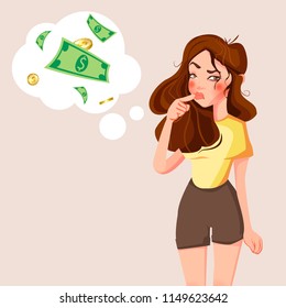 Cartoon young standing woman thinking with money mark in think bubble. Businesswoman thinks about problem vector illustration. Woman and money bubble thinking, expression and think problem