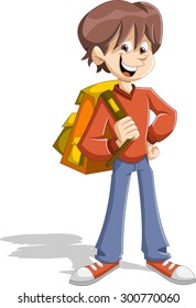 Caricatura de un joven estudiante con mochila. Adolescente.