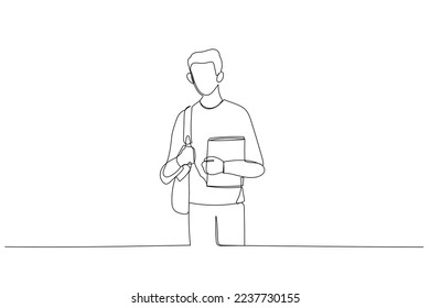 Cartoon of young student of carrying bagpack and holding books. One line art style
