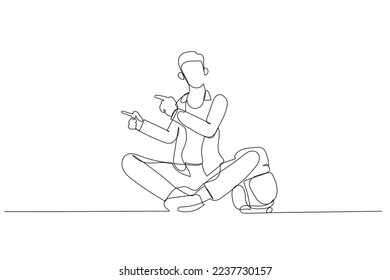 Cartoon of young student with casual clothes holding backpack point finger aside. One line art style
