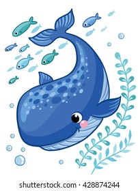 Cartoon young whale surrounded by small sea fish, seaweed and air bubbles. Vector illustration in cartoon style for summer sea theme.