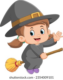 Cartoon young witch flying with a broom of illustration