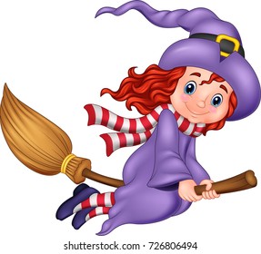 Cartoon young witch flying with a broom
