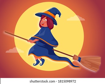 Caricatura Joven Bruja volando con su habitación sobre fondo naranja gradiente lunar.