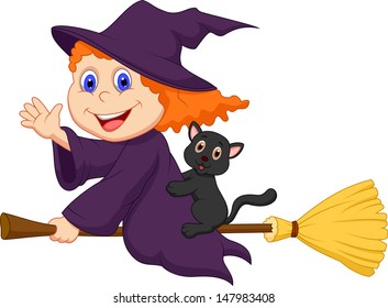 Cartoon young witch flying on her broom