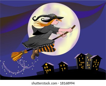 Cartoon young witch flying on a broom in moonlight