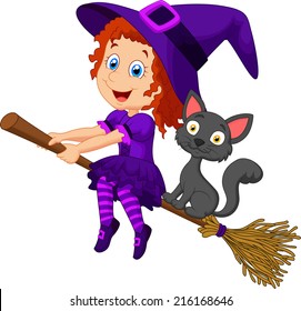 Cartoon young witch flying on her broom