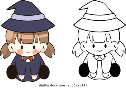 Cartoon young witch with hat, long hair and colored lines