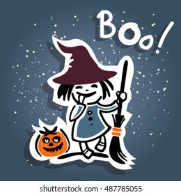 Cartoon young witch and pumpkin on a blue background.