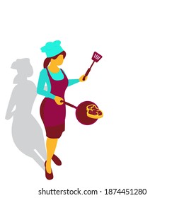 Cartoon young woman in apron making tasty dish. Restaurant chef cooking and silhouette. Professional worker on the kitchen make fried meat by pan and spatula. Vector Isolated flat design for web