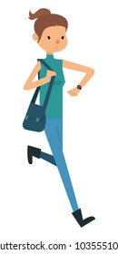 Cartoon young woman with bag walking and checking time on her watch. Vector illustration
