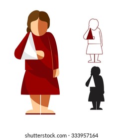 Cartoon young woman with a broken arm, icons, isolated on white