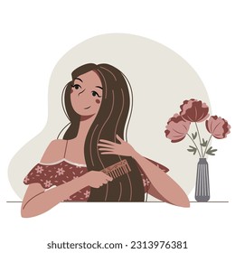 Cartoon young woman combing her long hairs by wood comb. A beautiful girl in a dress thought. Vector flat illustration.