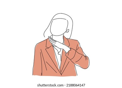 Cartoon of young woman cutting throat sign. Angry concept. Continuous line art style
