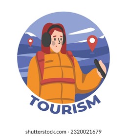 Cartoon young woman discovering new places in mountains. Process of visiting sightseeing during winter holidays. Tourist and traveler lifestyle. Vector