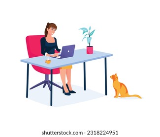 Cartoon young woman doing her distant job from home with cat under table. Time management for freelancers. Online study and education. Vector flat style illustration