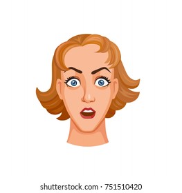 Cartoon young woman face expresses emotions. Amazement and reaction to unexpected news. Facial expressions with amazement. The girls opened her eyes wide and raised her eyebrows