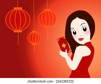 Cartoon junge Frau mit roten Umschlägen und chinesischem Neujahr auf rotem Hintergrund.