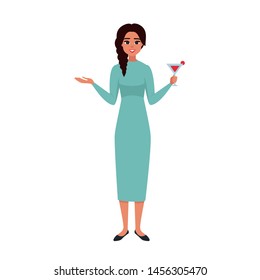 Cartoon young woman holds glass of alcohol drink and shows  on something with left hand. Vector illustration isolated from background