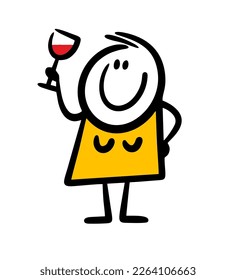 Cartoon young woman holds a glass of red wine in her raised hand and says a toast. Vector illustration of female stick figure character at a party.