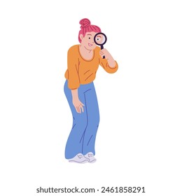 Cartoon young woman looking through magnifying glass and laughing vector flat illustration. Girl is making observations with loupe lens. Searching or exploration