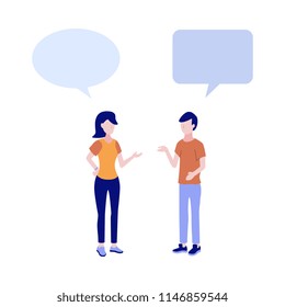 Cartoon young woman and man in casual clothing talking to each other gesticulating with empty speech bubble above head. Friends or colleagues and social communication. Vector illustration