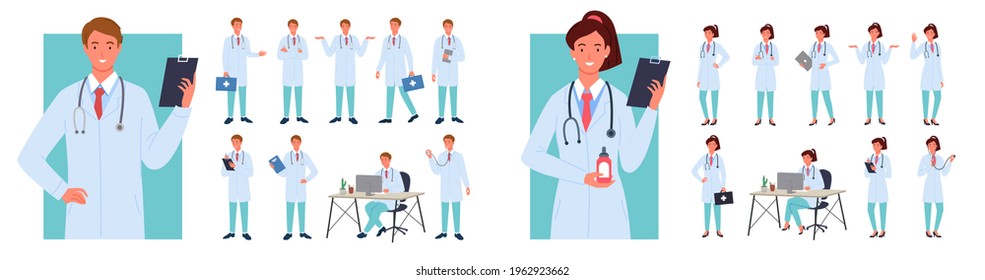 Cartoon young woman man characters in hospital uniform standing, physician doctor or consultant therapist working isolated on white. Male female doctors poses vector illustration infographic set.