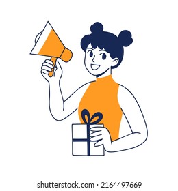 Jeune femme en caricature avec mégaphone et coffret cadeau en mains.  Services de promotion de blogueurs, cadeaux, prix ou avis de concours sur les médias sociaux. Illustration vectorielle isolée dessinée à la main. 