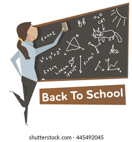 Cartoon young woman near school blackboard with simple hand drawn illustration. Back to school concept vector poster.