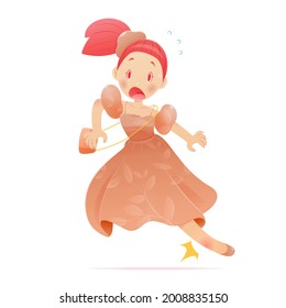 Cartoon young woman in orange dress with an injured ankle while running. Vector illustration and cartoon character design.