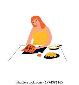 Cartoon young woman is overweight and flipping through a fashion magazine. The standard of beauty in the modern world. A hand-drawn girl suffers . Vector illustration. All elements are isolated.