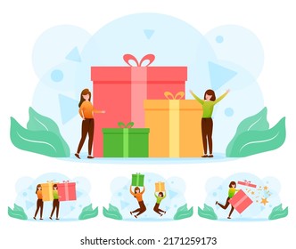 Cartoon young woman received gift box. Girl opens big gift surprise. Vector character illustration 