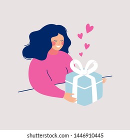 Cartoon young woman received present with love. Girl opens big gift surprise. Vector character illustration