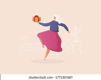 Cartoon young woman received a present. 