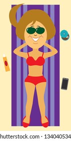 A cartoon young woman is relaxing on her beach towel soaking up the sun