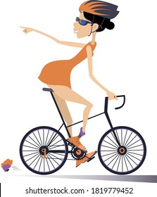 Cartoon young woman rides a bike isolated. Smiling woman in helmet on the bike looking back laughs and points a finger to someone or something
