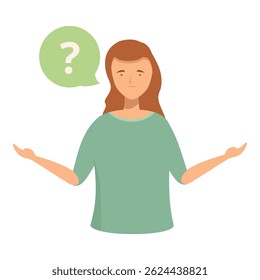 Cartoon of a young woman shrugging with a speech bubble question mark, symbolizing confusion
