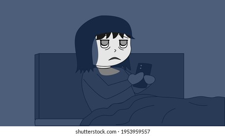 A cartoon of a young woman sitting up in bed with only the light from her phone screen lighting up her face. She has a very tired expression on her face due to revenge bedtime procrastination.