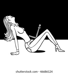 Cartoon of young woman sitting on the floor chatting with her laptop webcam.