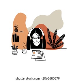 Cartoon young woman sitting at the table with digital tablet.  Online education concept vector illustration in doodle style. 