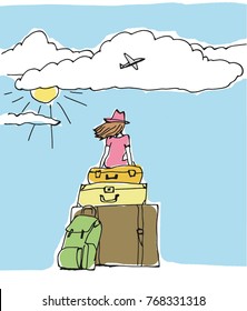 Cartoon Young Woman with Suitecases looking at Plane into Sky, Traveling Concept