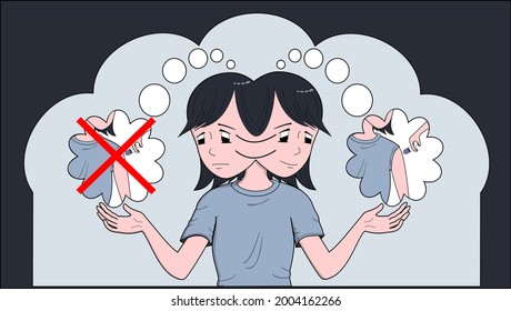 A cartoon young woman swinging her head back and forth between looking at a thought bubble of a her getting a vaccine or not, each bubble is held in her upraised hands.  